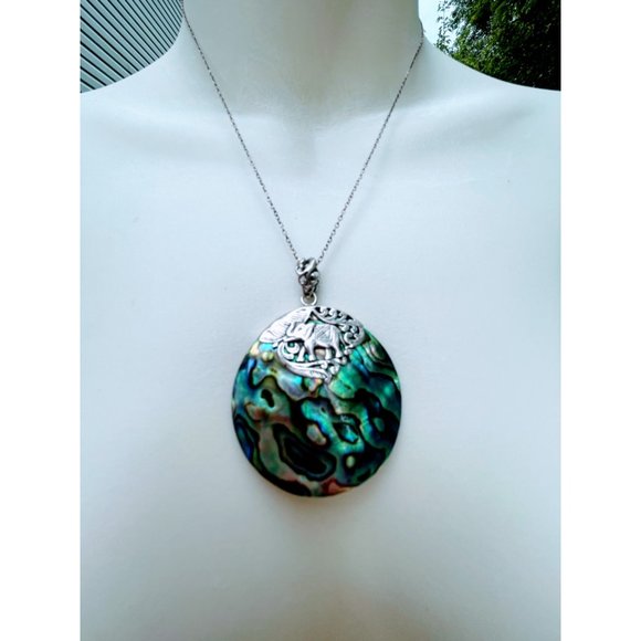 Vintage Abalone Shell Pendant 925 Silver With Elephant BOHO - Picture 7 of 9